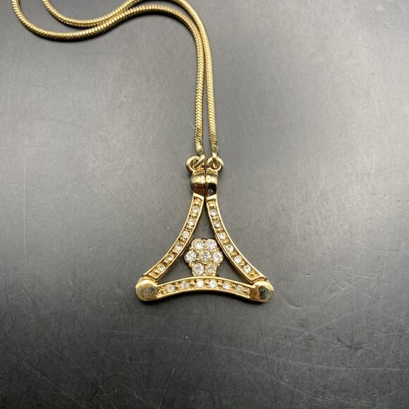 Park Lane Pendant Necklace Flower Floral Triangle Gold Tone Clear Rhinestone - Picture 3 of 9